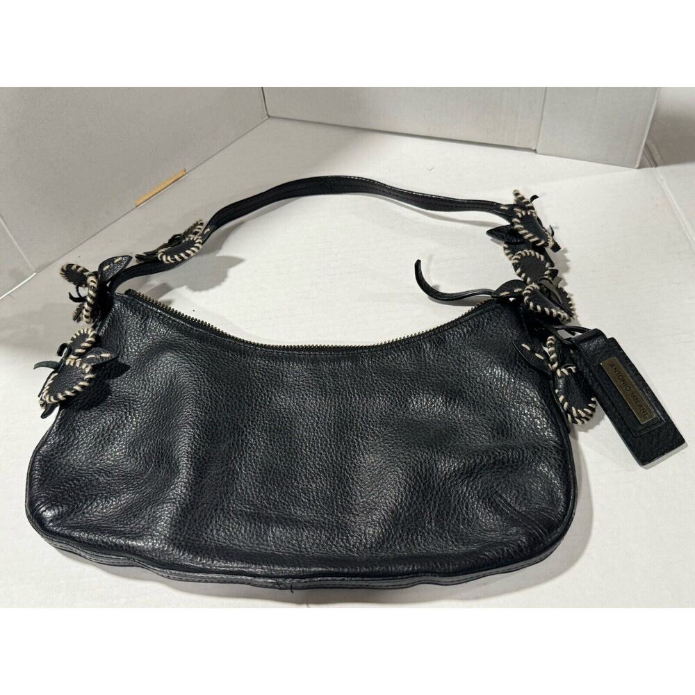 Antonio Melani Black Leather Shoulder Hand Bag Purse With Stitched Flowers